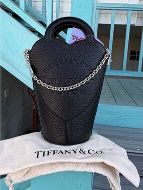 Tiffany & Co. Black Pebbled Leather Heart Tote Bag with Silver Chain